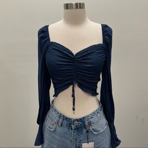 Navy Blue Long Sleeved Ruched Crop Top